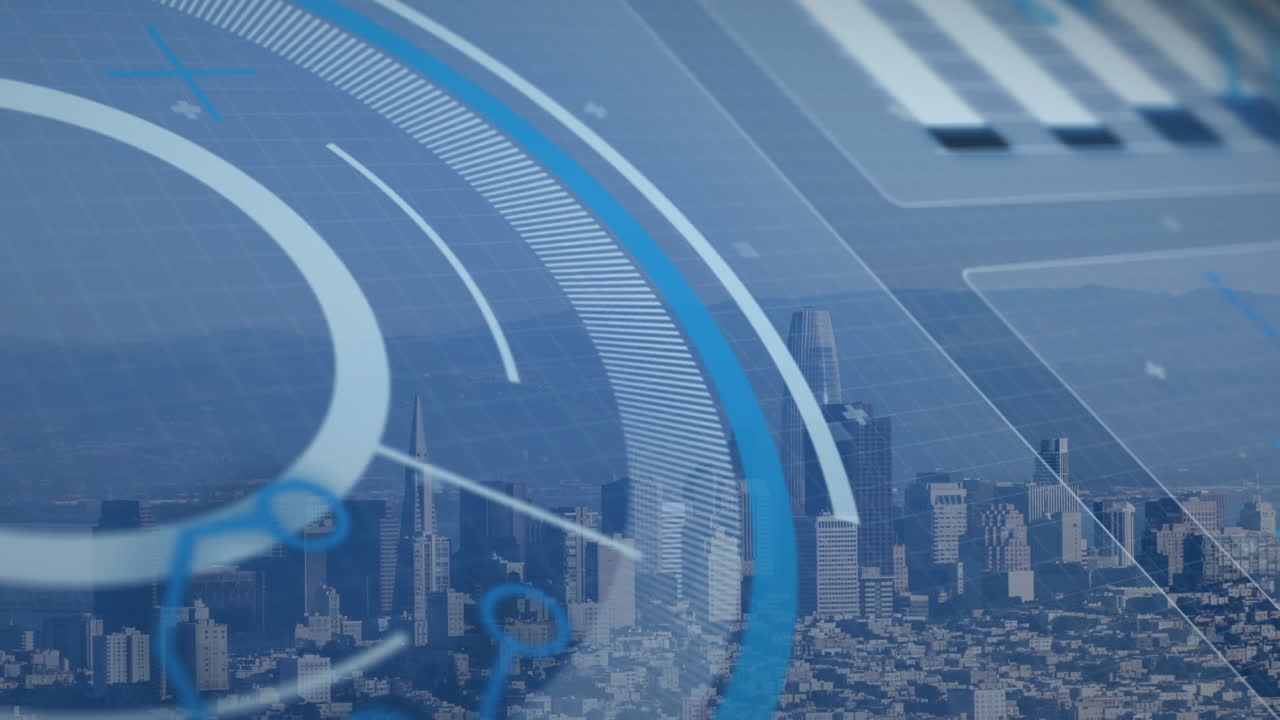 로딩 서클의 애니메이션, 하늘에 대한 현대 도시 풍경의 공중 시야 그래프