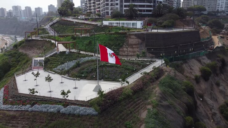 Drone video of "Parque Bicentenario" park in Miraflores, Lima, Peru