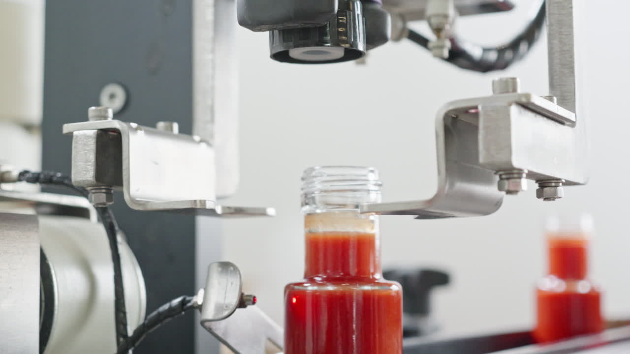 Close up of an industrial machine screwing caps onto glass bottles of red sauce. The automated process on the conveyor belt ensures efficiency