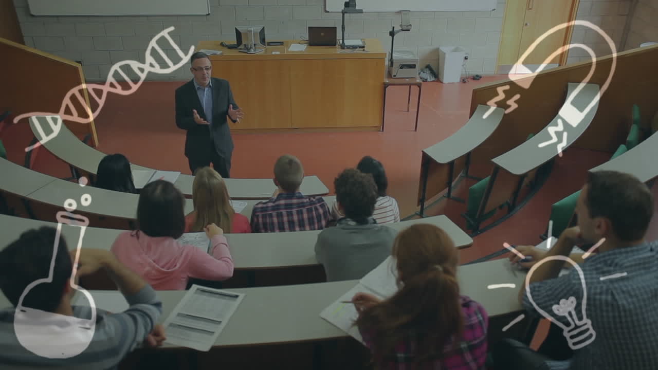 다중 과학 개념 아이콘을 반대하는 백인 남성 교수가 대학에서 학생들을 가르니다.