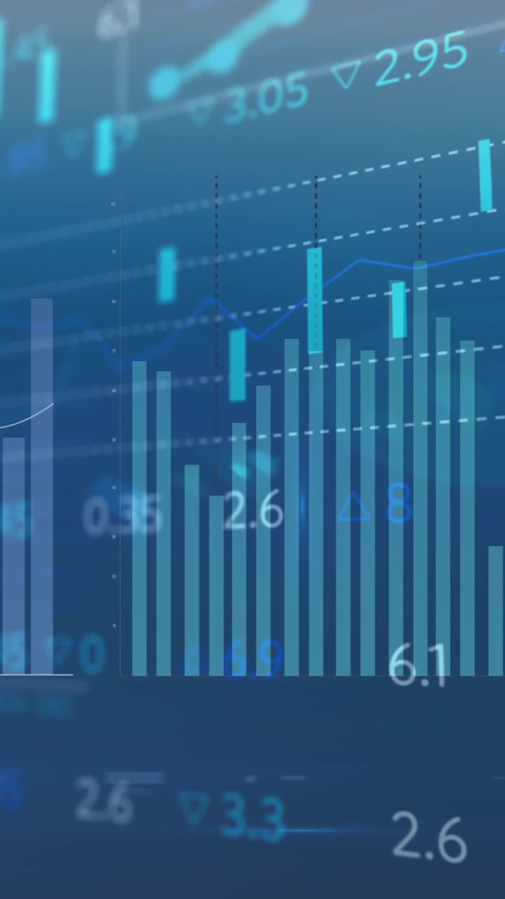 Animation of diverse graphs and financial data on blue background