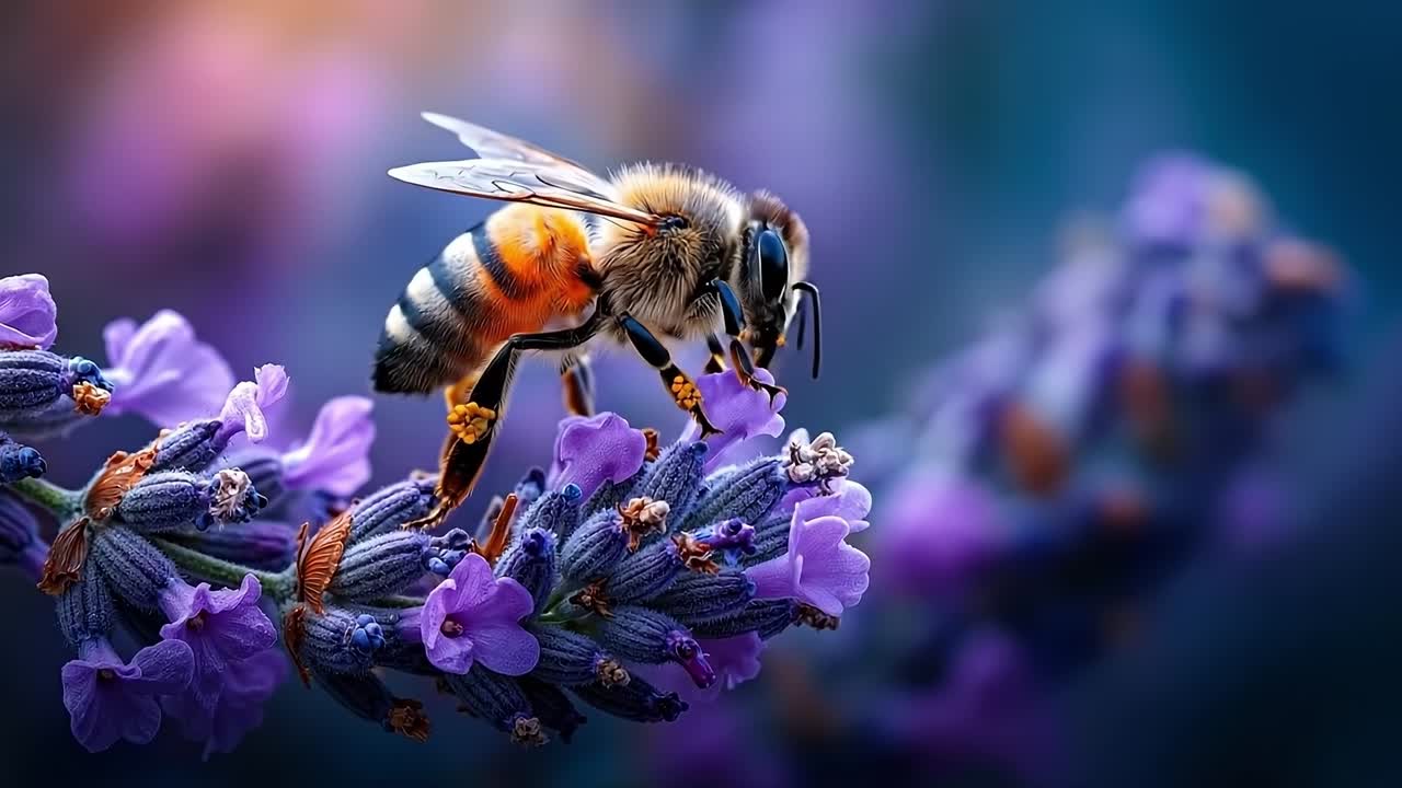 A bee on a lavender flower with a blurred background