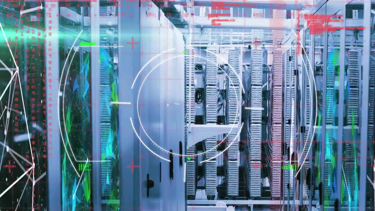 Animation of interference, data processing and socpe scanning over server room