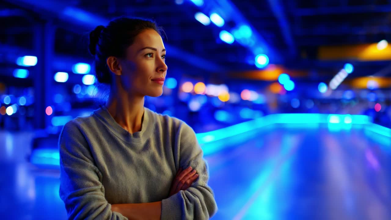 Un momento di riflessione: una giovane donna in atteggiamento pensieroso si erge in un ambiente illuminato di blu, catturando l'essenza della riflessione e della serenità in uno spazio moderno ricco di luci vivaci