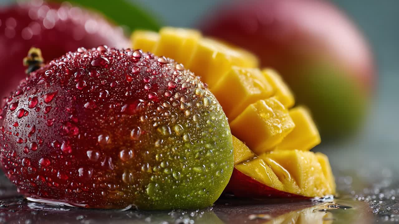 Vista Ravvicinata di Manghi Succosi Appena Tagliati con Gocce di Rugiada Scintillanti che Esaltano i Loro Colori Vivaci, Mostrando la Prelibatezza e l'Attrattiva Naturale dei Frutti di Stagione