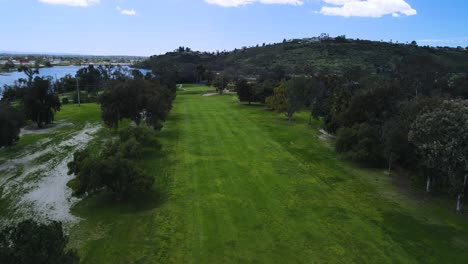 Aerial-view-of-golf-course-and-reservoir-using-a-tree-to-reveal-the-scene