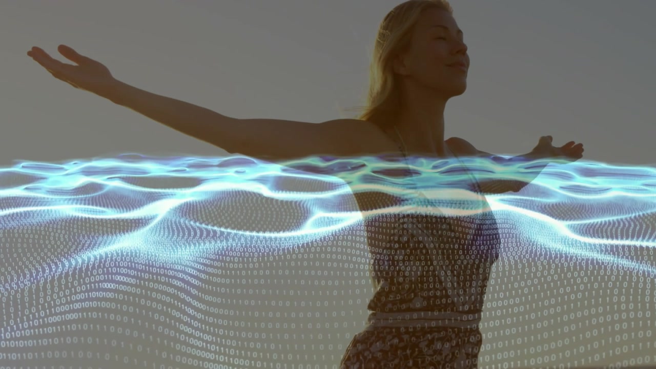 Woman standing near horizon, blue mesh sweeping across torso initiating open posture for tech demo