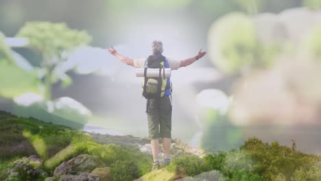 animation of meadow over senior caucasian man with arms outstretched