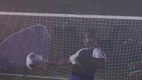 Animation-of-data-processing-over-african-american-male-soccer-player-controlling-ball-on-his-chest