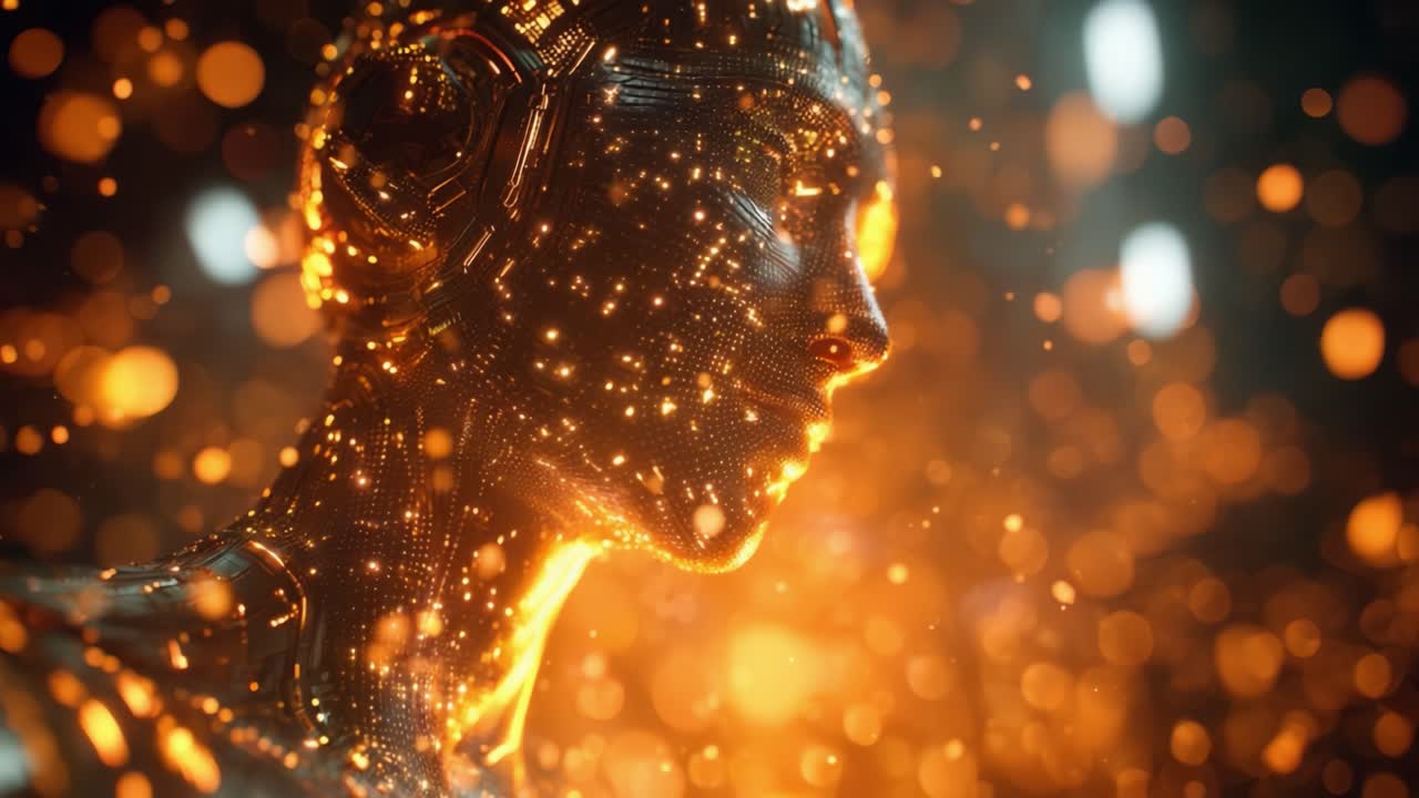 A Captivating Glimpse of a Radiant Cybernetic Being Illuminated by Glowing Particles, Showcasing the Fusion of Humanity and Technology in a Dazzling Display