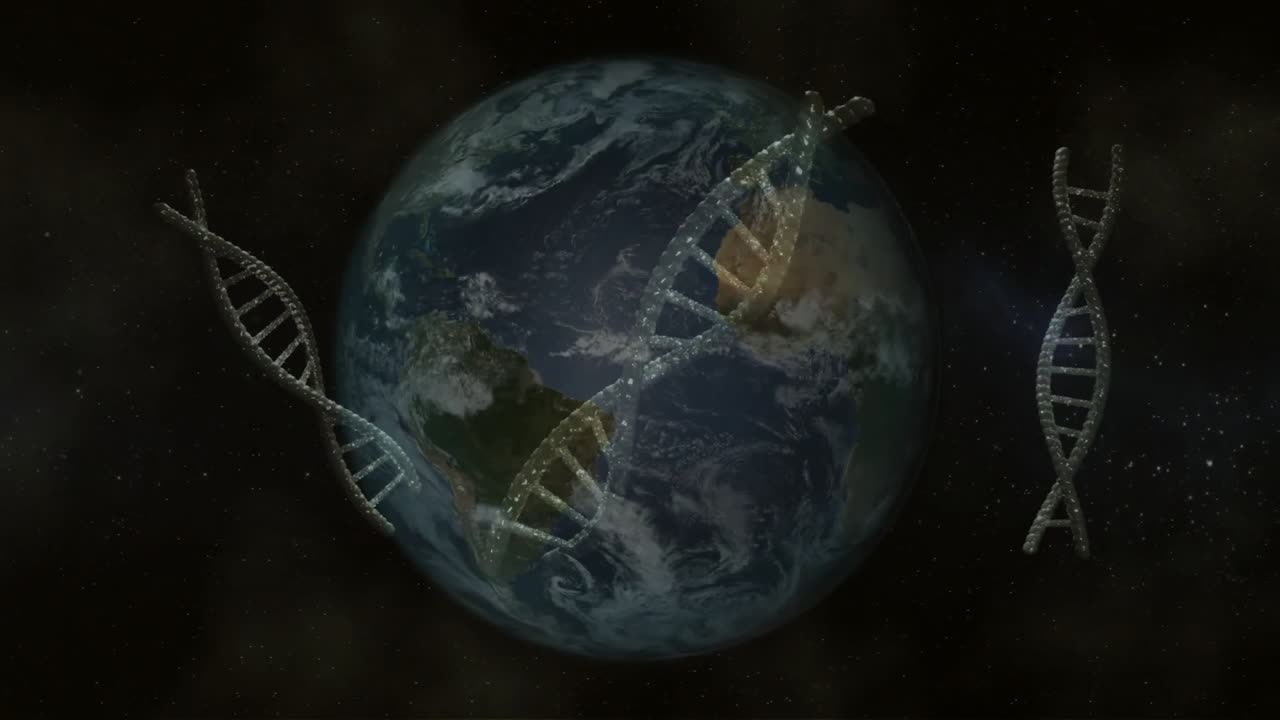 DNA strands orbiting Earth, animation symbolizing genetic connections in space