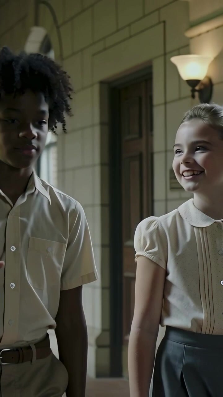 Vertical video: Walking kids in uniform at school girl glancing sparking laugh as boy fixing strap