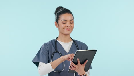 Woman,-nurse-and-tablet-with-healthcare-in-studio