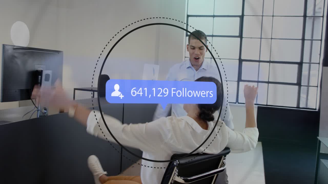 Man pushing chair, woman swinging, social media follower badge rising above them to 679k, cheering