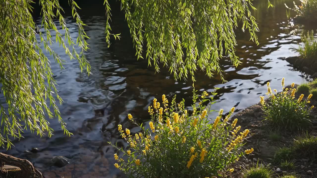 Serene riverside scene with yellow flowers and willow branches, captured from a low angle