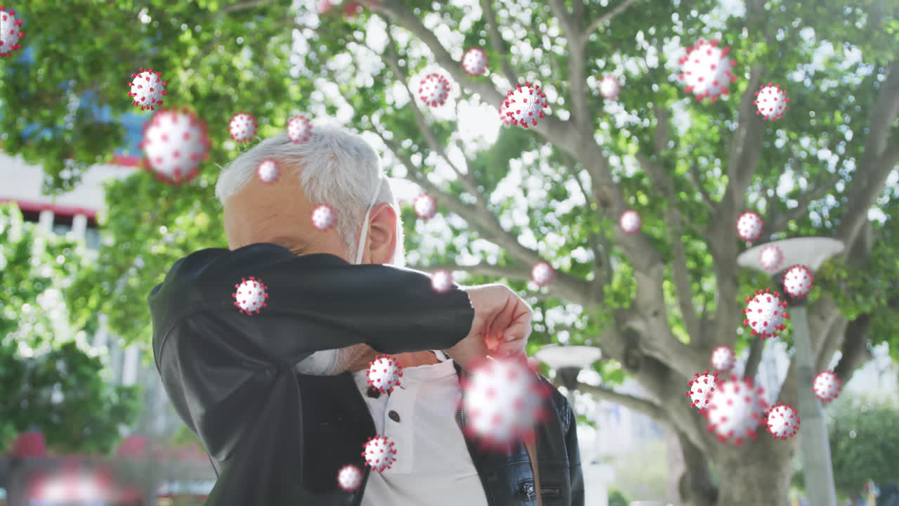 코로나19 세포의 애니메이션 시니어 남자가 마스크를 쓰고 있습니다.