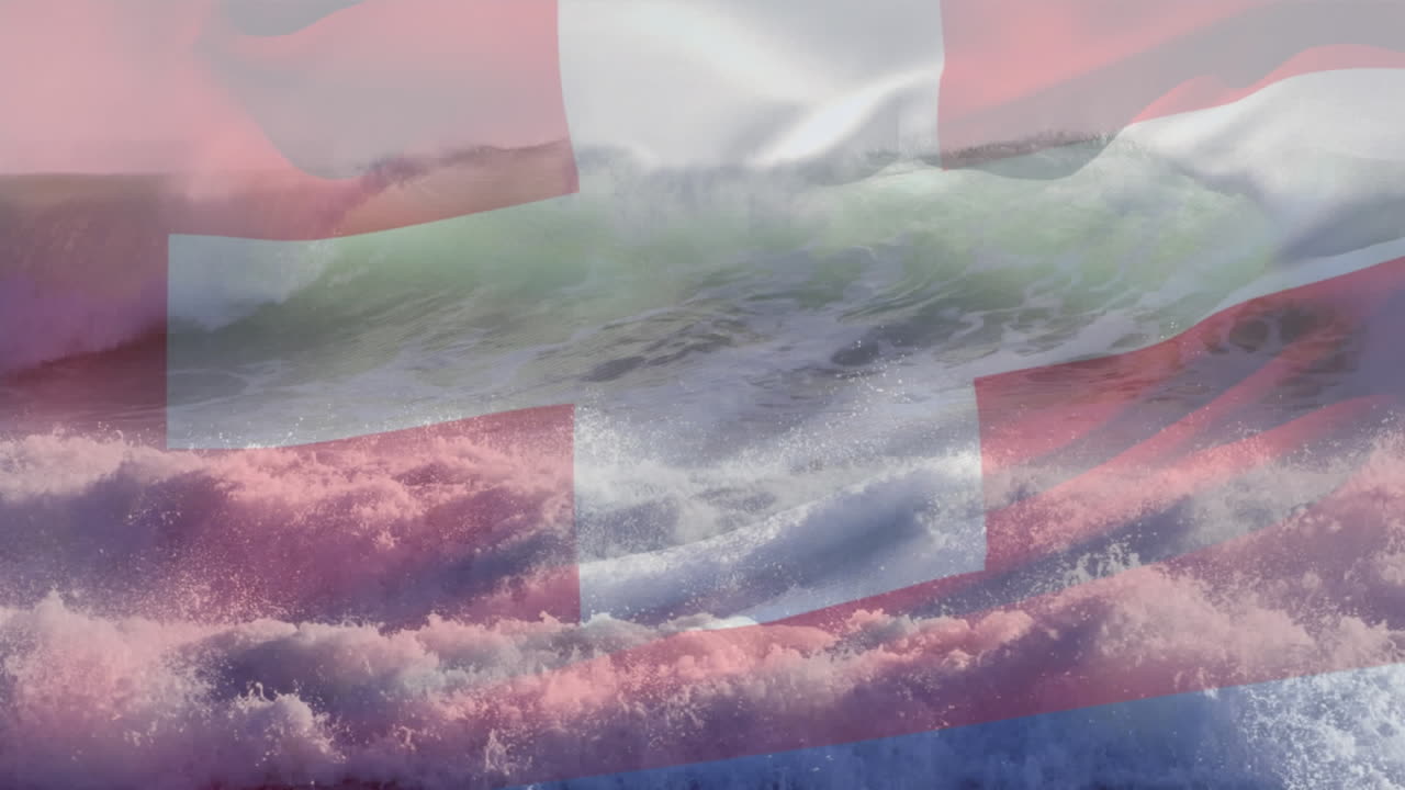 스위스의  ⁇ 발이 바다에 부 ⁇ 히는 파도 위에서 흔들리는 애니메이션