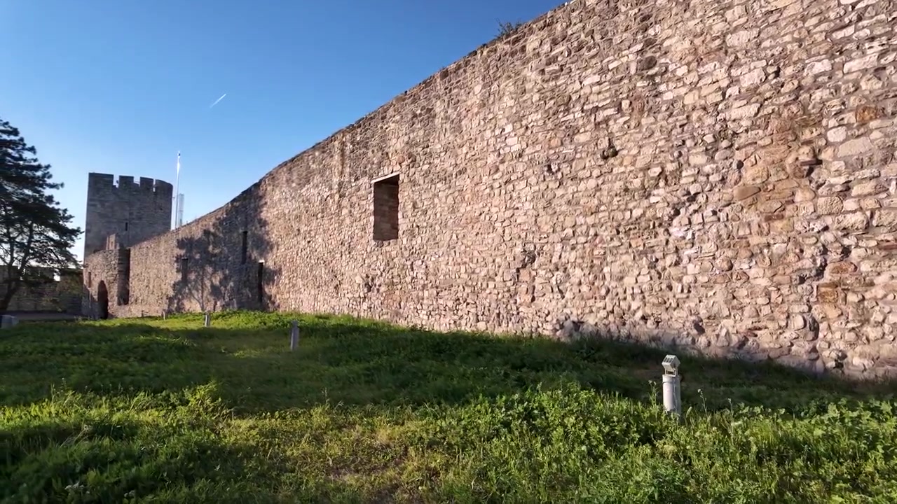 Un lungo muro di pietra si erge in un parco verde. Erba e piccole piante crescono alla sua base. La luce solare intensa illumina la texture delle pietre e il cielo azzurro e limpido sopra.