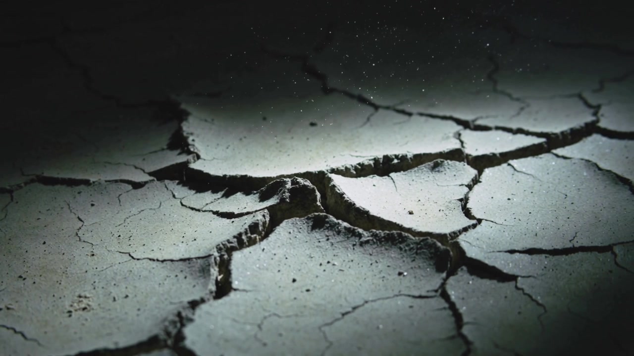 Showing cracked clay with star fissure and jagged ridges reacting to light sweep, dust falling