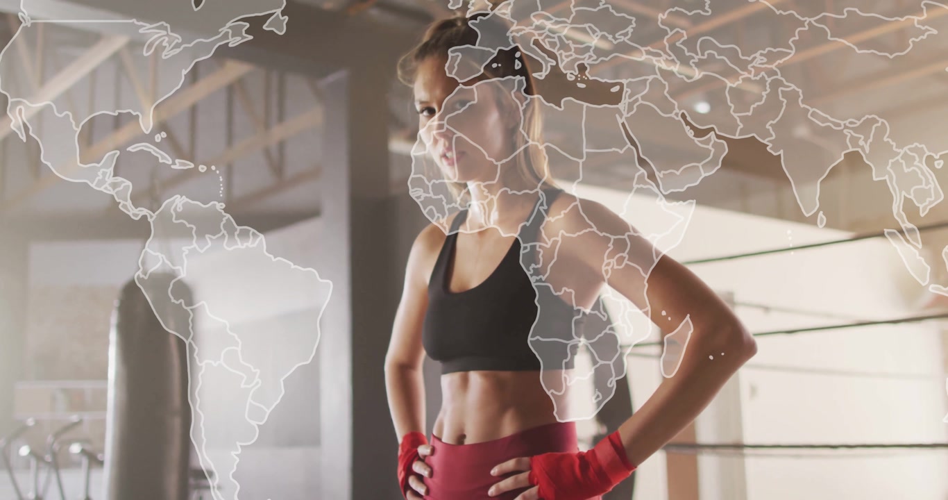 Woman athlete standing in boxing gym time passing causing map overlay shifting gaze tracking motion