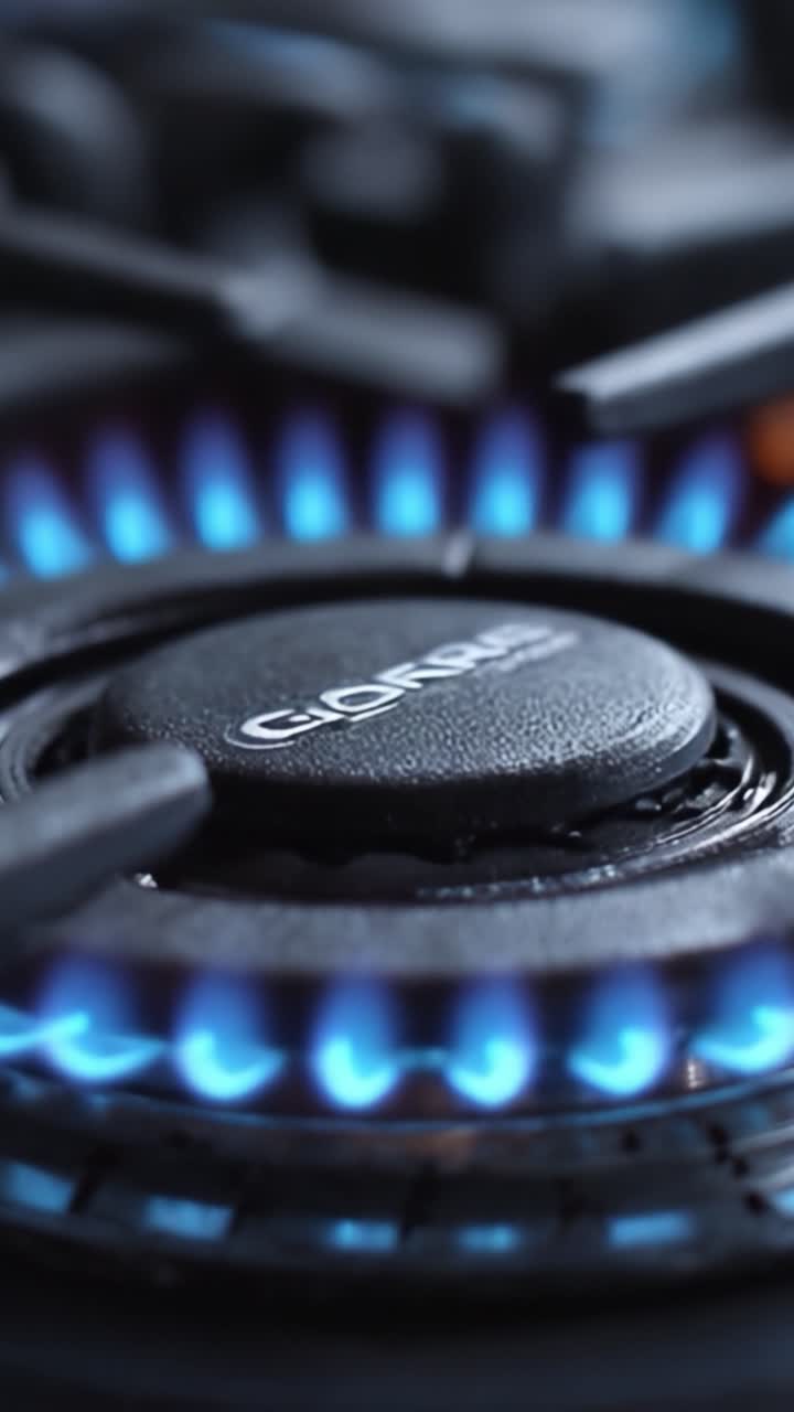 Captivating Close-Up of a Gas Stove Burner with Vibrant Blue Flames Illuminating the Surrounding Area, Showcasing Heat and Cooking Potential in a Kitchen Setting