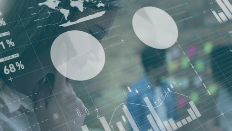 Animation of financial data processing over happy caucasian businesswoman in office