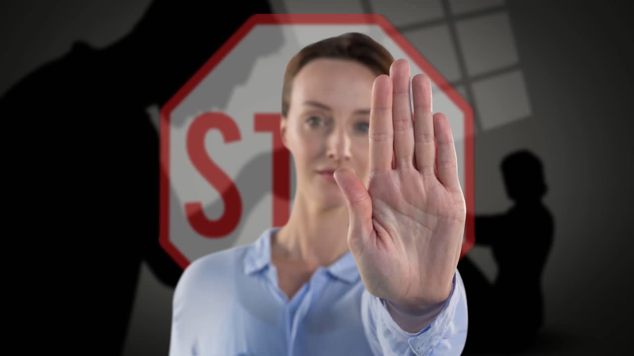 커플의 실루 위에 정지 제스처를 가진 백인 여성의 애니메이션