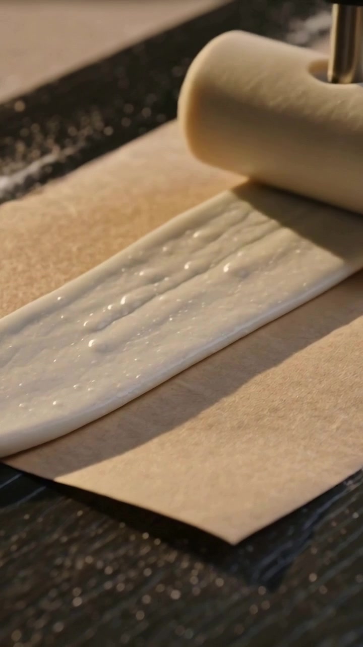 Vertical video: Pressing metal nozzle laying white paste ribbon on parchment countertop, for baking