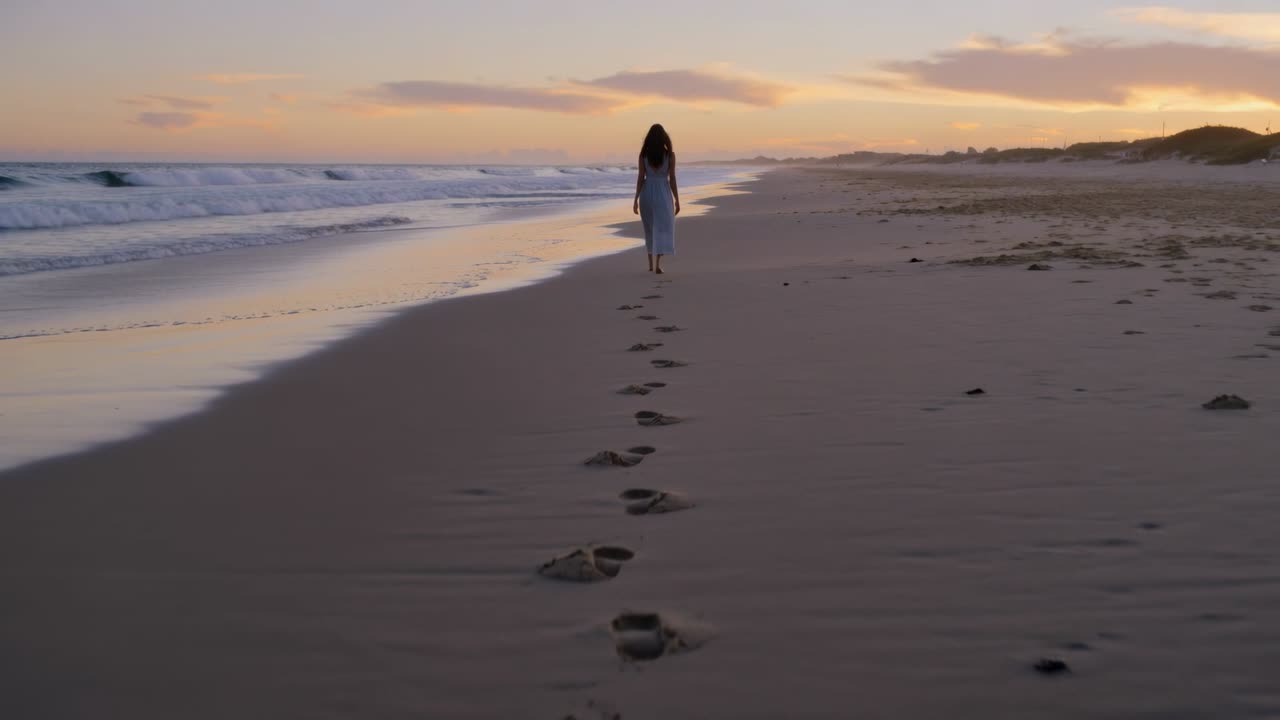 Partendo da profonde impronte, una donna scalza si muove lungo la riva bagnata al tramonto, indossando un vestito leggero.