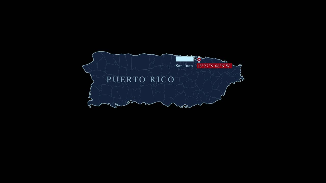mapa estilizado en azul de puerto rico con la ciudad capital de san juan y las coordenadas geográficas en fondo negro