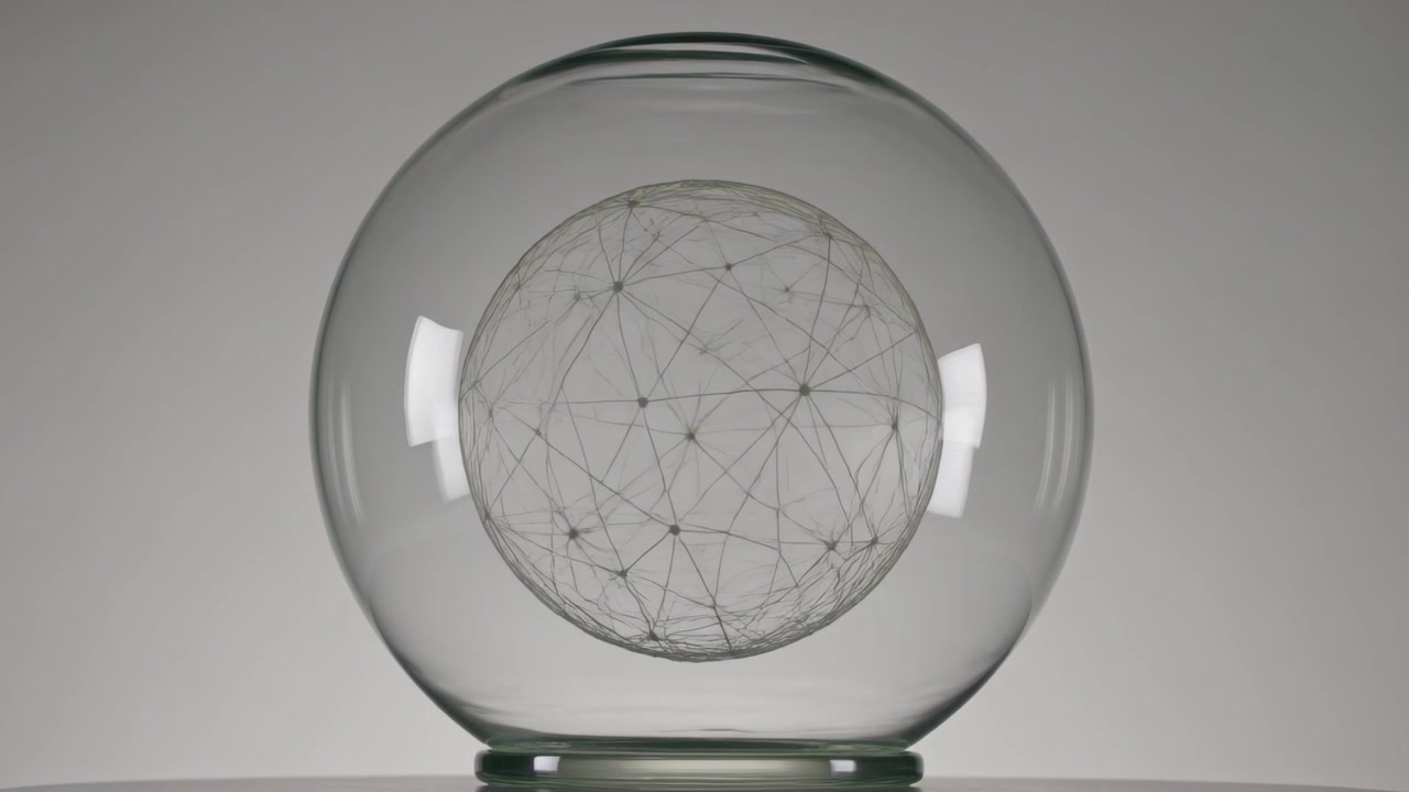 Rotating suspended wireframe sphere inside glass globe on base studio tabletop while shot starting