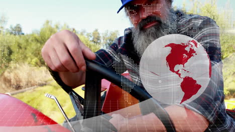 Operating tractor, man with digital world map animation overlaying scene