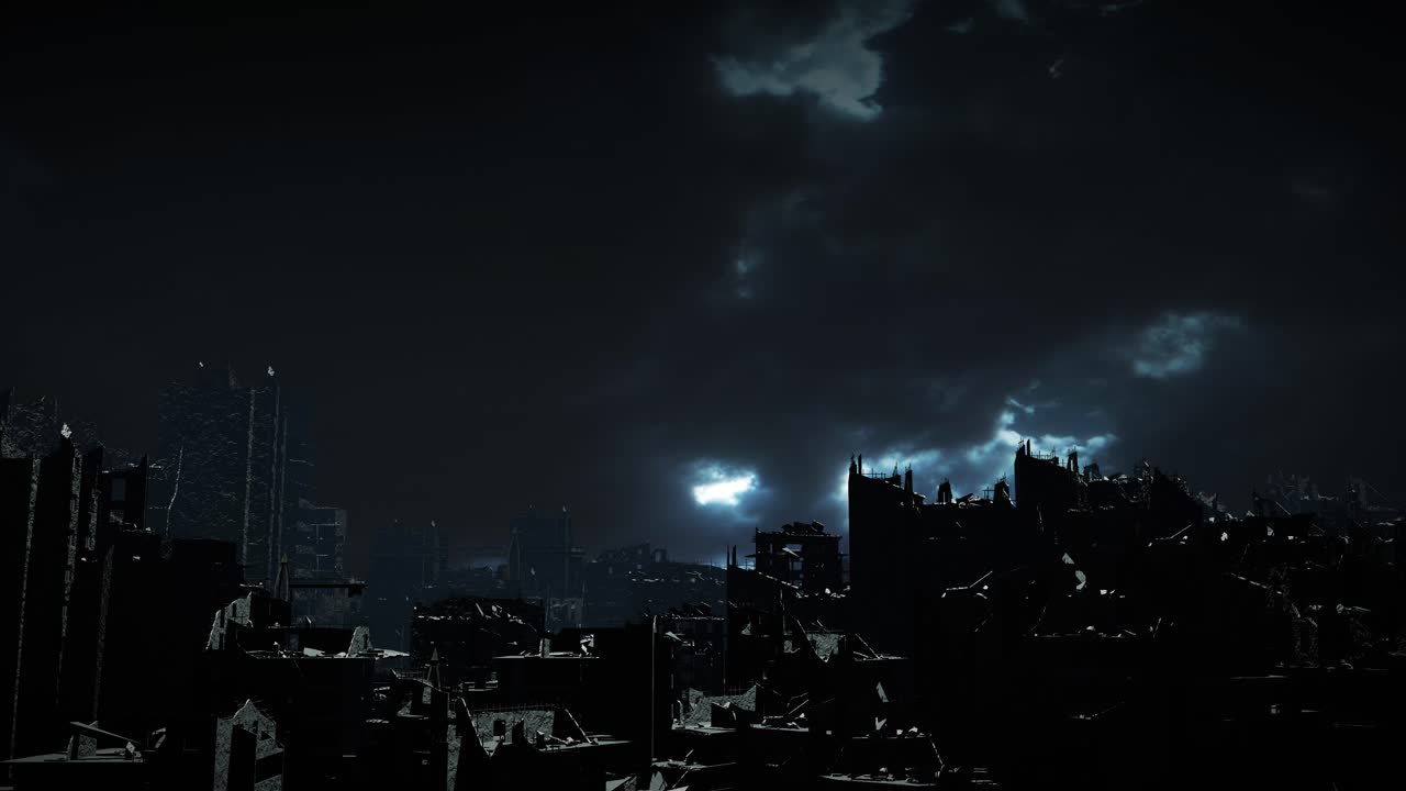 Paesaggio urbano in rovina sotto un cielo tempestoso