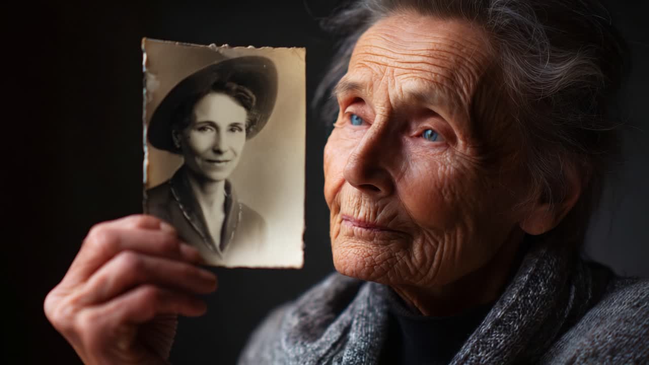 A Reflective Moment: An Elderly Woman Remembers Her Past as She Gazes at a Vintage Photograph of Her Younger Self, Capturing the Essence of Time and Memory in Her Eyes