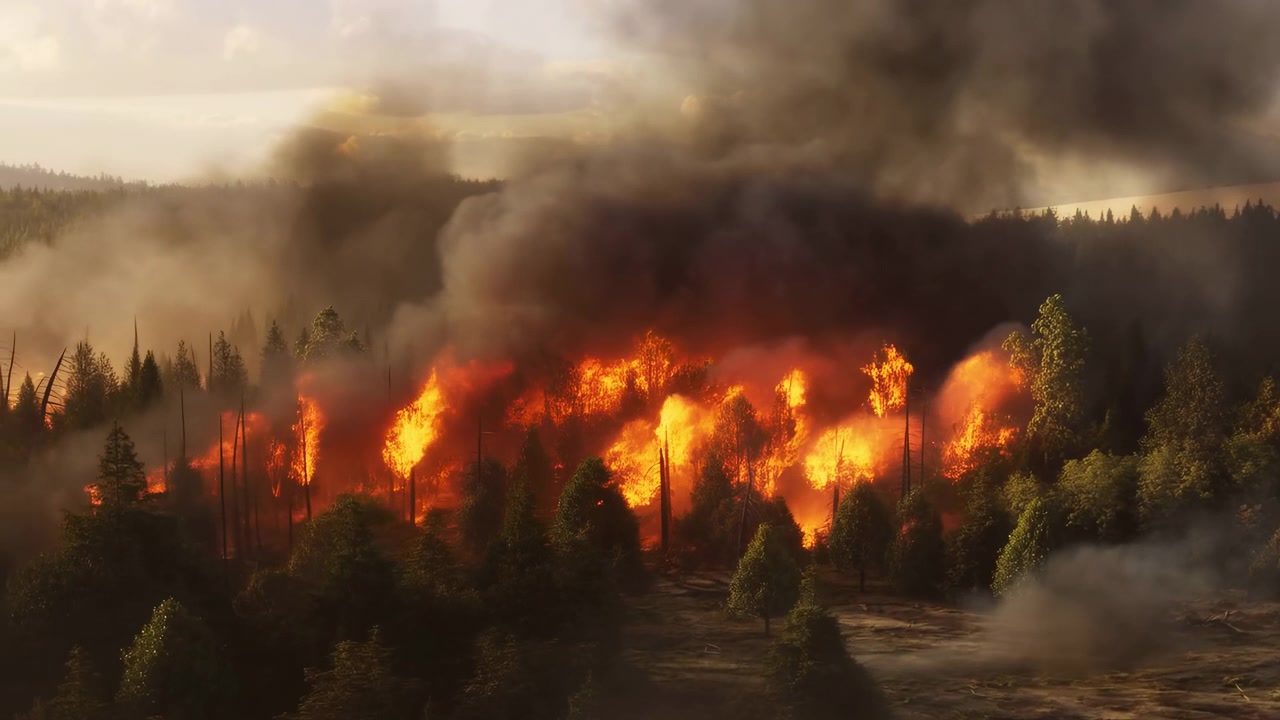 Vasto incendio boschivo, fumo denso che si alza sopra la chioma dei pini, intense fiamme arancioni che divorano gli alberi, nero