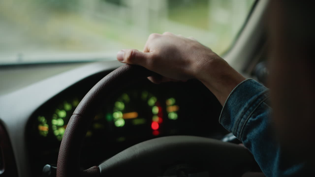 Denim za denního světla, ruka pevně na volantu, řidič upravuje úchop při sledování silnice, jasné indikátory na palubní desce a zelená krajina venku, klidné tempo, pohodová atmosféra výletu a soustředění na navigaci, ideální