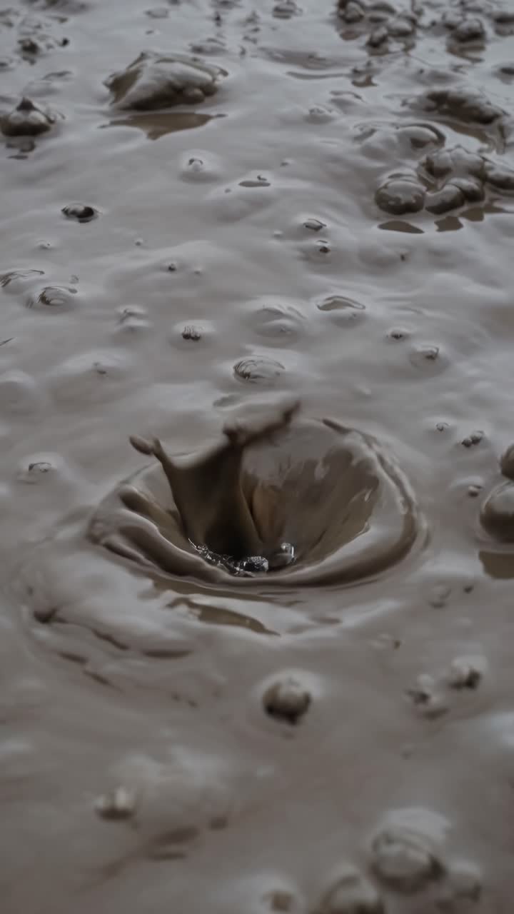 Vista ravvicinata dall'alto di una superficie di fango ribollente, che cattura la texture dinamica e il movimento.