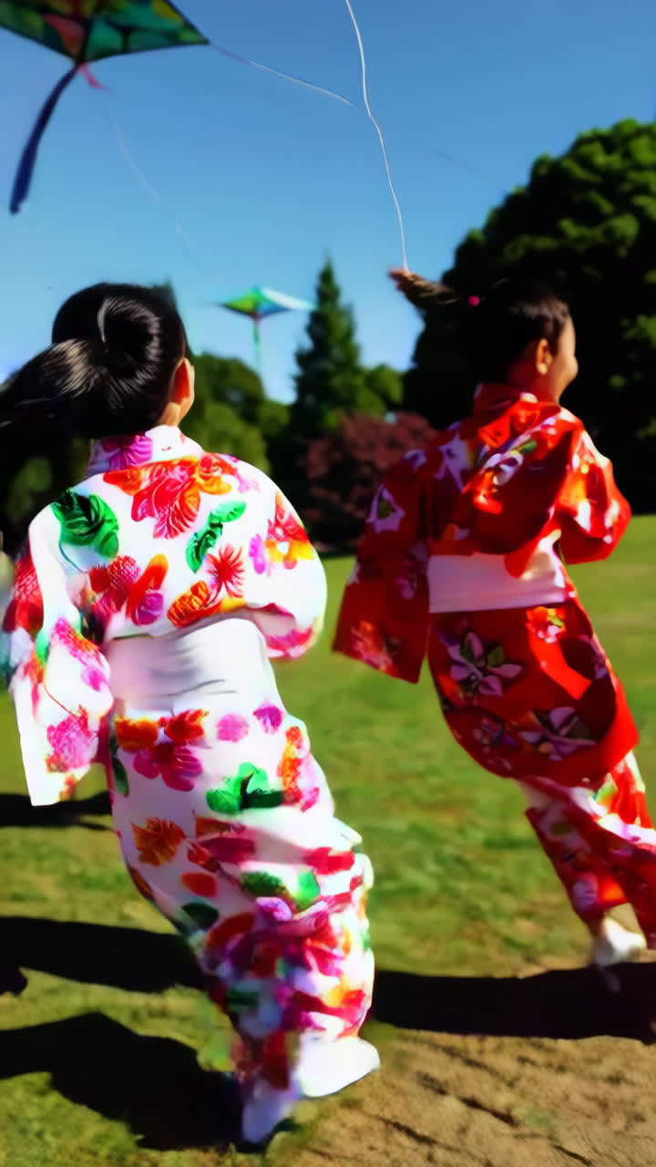 Children in Kimonos Flying Kites