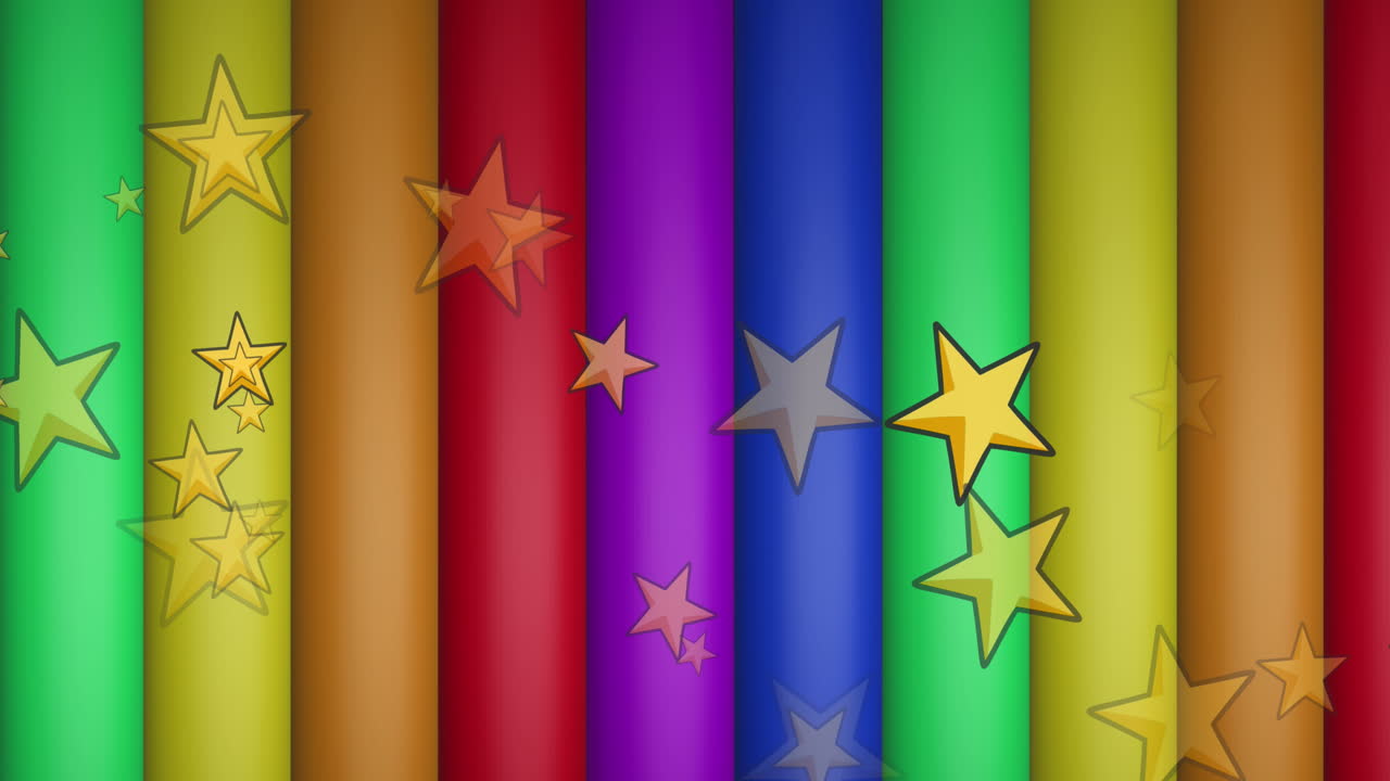 animación de estrellas amarillas sobre rayas de arco iris y colores que se mueven en un bucle sin costuras.