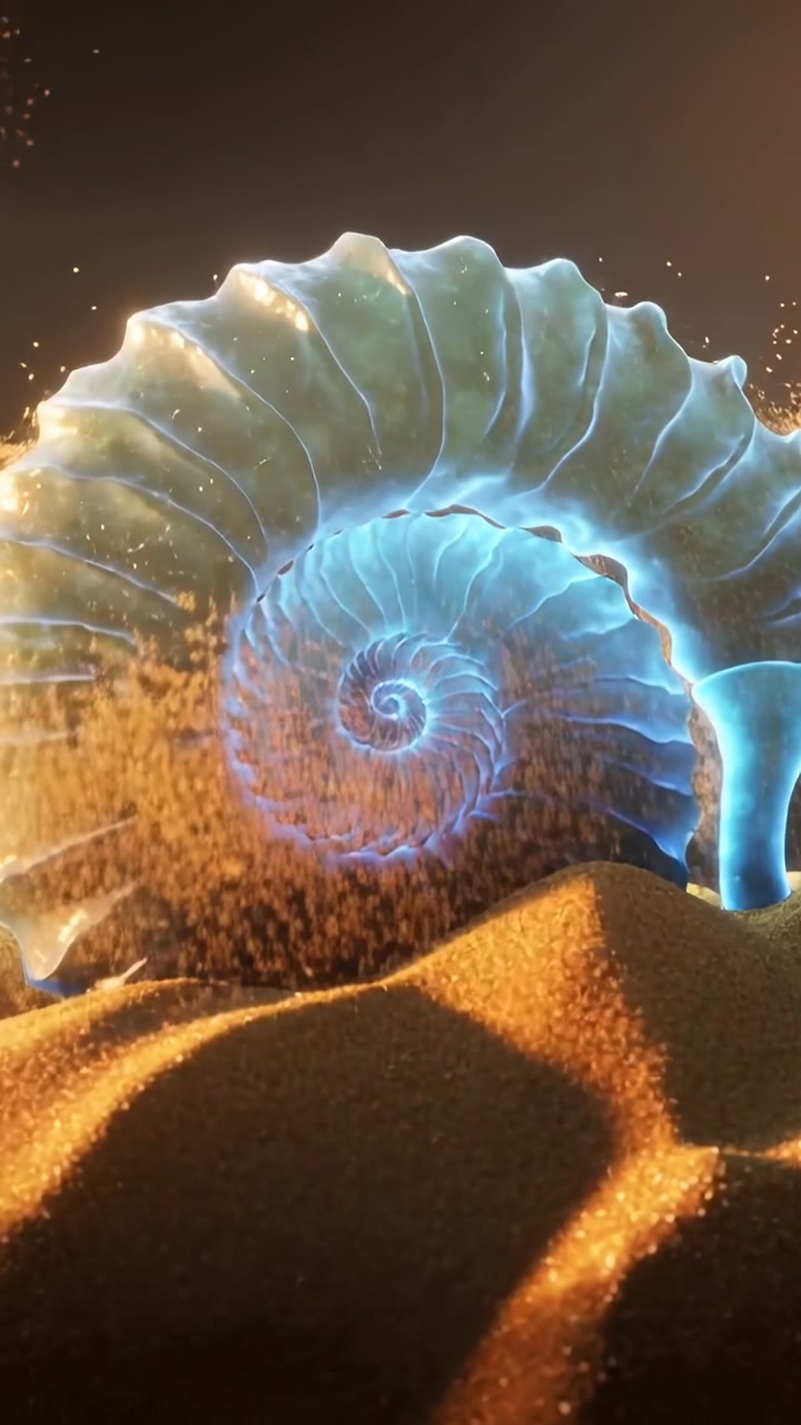 Vertical video: Falling sand uncovering glowing nautilus shell on golden dune in studio, blue whorl