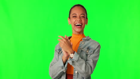 Winner,-excited-and-woman-clapping-on-green-screen