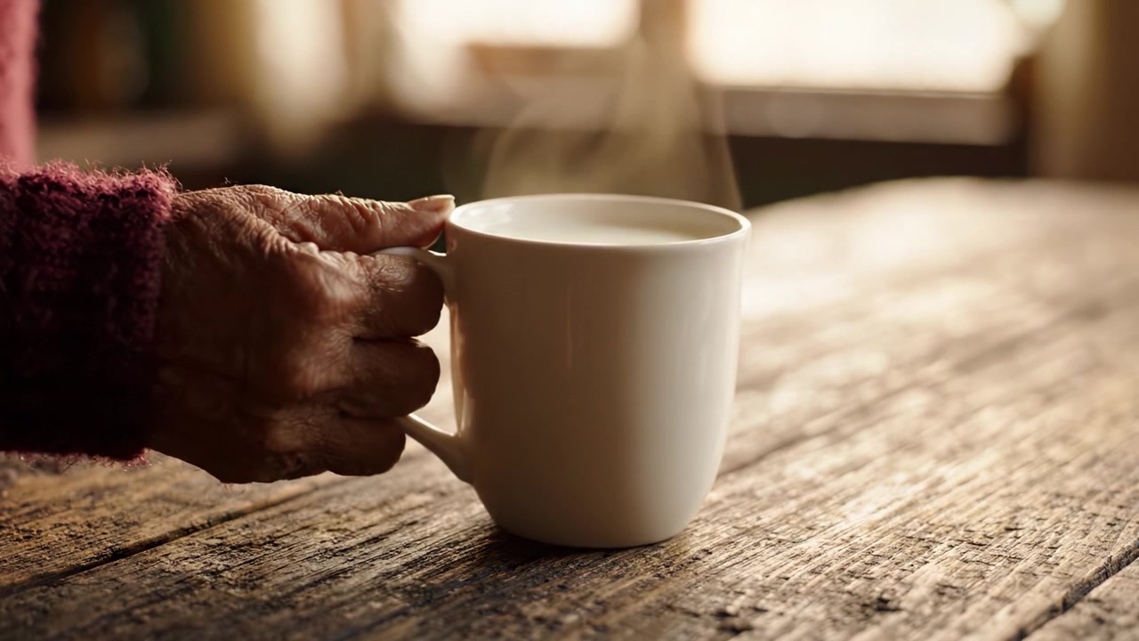 Una Scena Accogliente di una Bevanda Calda su un Tavolo di Legno Rustico che Cattura la Tranquillità e il Comfort di Sorseggiare Caffè o Tè in un Ambiente Rilassante
