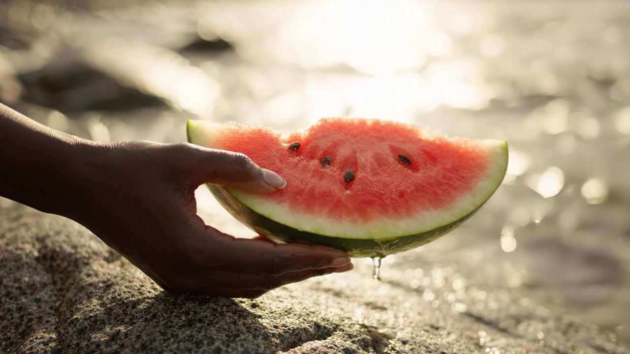 Una rinfrescante fetta di anguria tenuta da una mano, che luccica alla luce del sole accanto a uno specchio d'acqua scintillante, catturando l'essenza dell'estate e del piacere