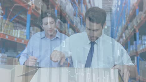 animation of statistics and financial data processing over men working in warehouse
