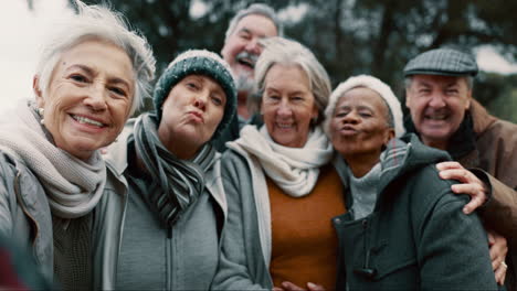 happy, selfie and face of senior friends in a park