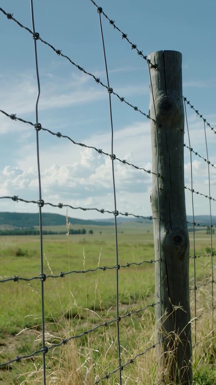 Video verticale: Telecamera in movimento che evidenzia la venatura di un palo di recinzione con filo spinato in un campo, con spazio per il testo.