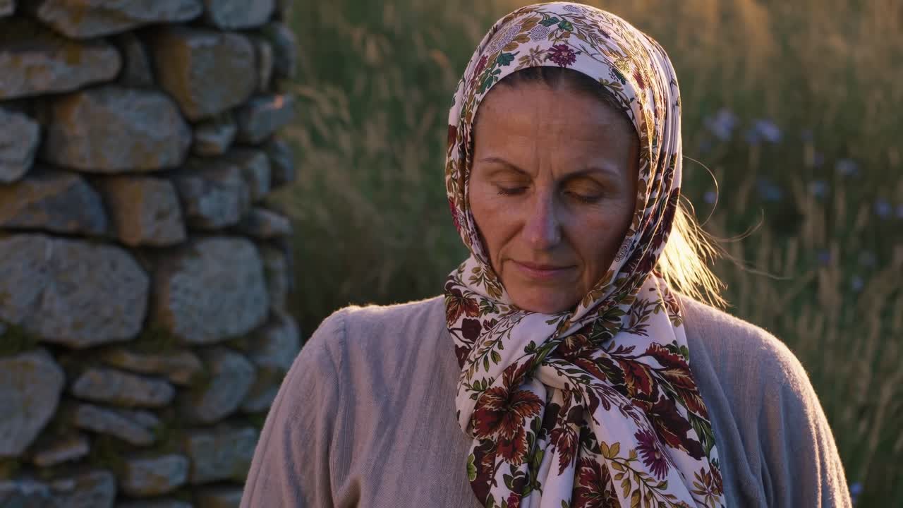 Mature woman with closed eyes and headscarf standing serenely in a field at sunset, engaging in prayer or meditation against a backdrop of a stone wall