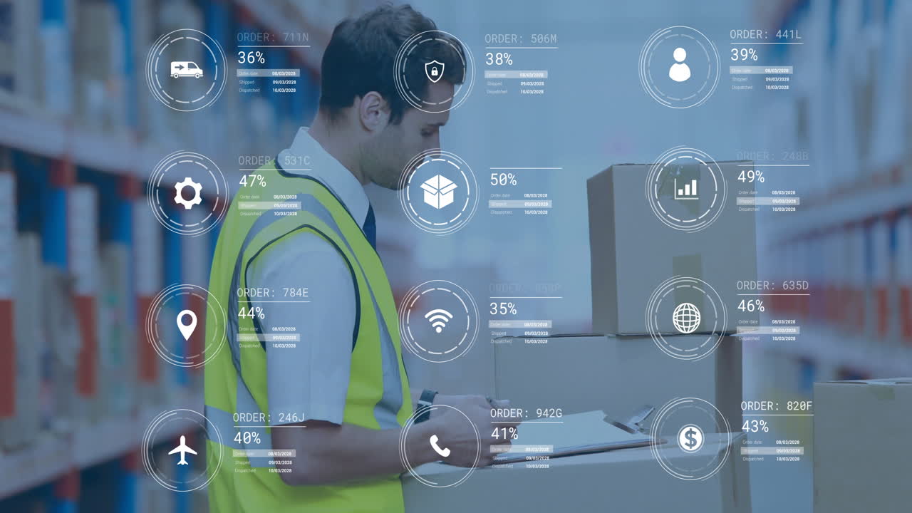 Checking inventory with data analytics animation, warehouse worker tracking metrics