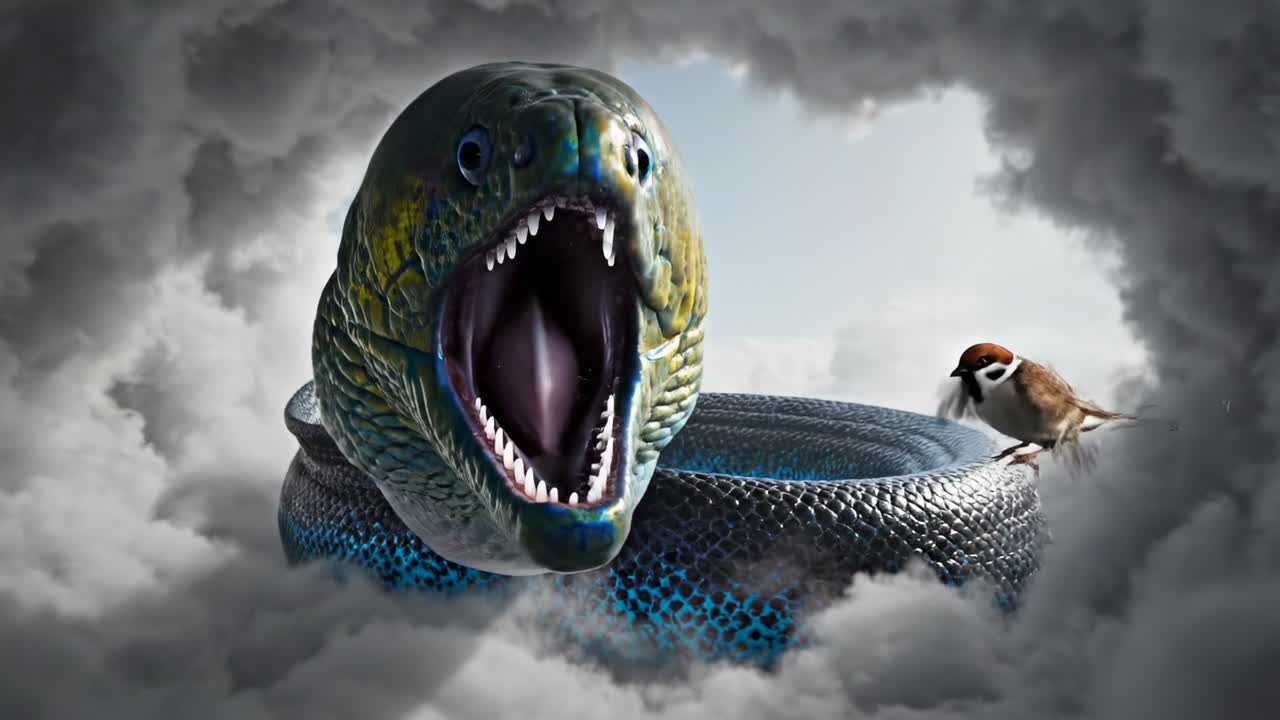Giant Moray Eel-like Creature Emerging from Clouds to Catch a Bird