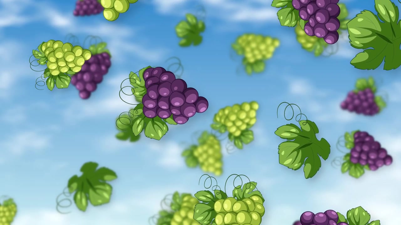 Grappoli d'uva animati verdi e viola con foglie cadono attraverso un cielo nuvoloso azzurro brillante